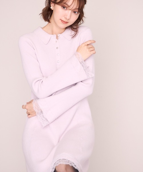 MISCH MASCH（ミッシュマッシュ）の「2026秋冬新作 襟付きレーストリムミニニットワンピース（ワンピース・レディース・ブラック/グレー/ピンク/ワイン・ﾌﾘ-）」の4枚目の写真