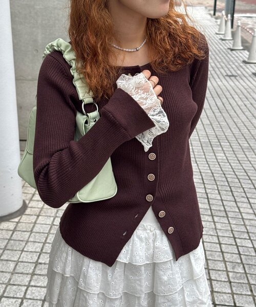 CIAOPANIC(チャオパニック)の「のびのびリブニット袖レースカーディガン(カーディガン/ボレロ・レディース・ブラウン/グレー/ミント/アイボリー・ONE SIZE)」の3枚目の写真
