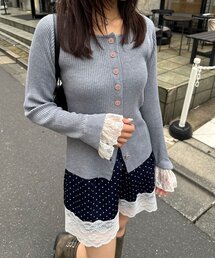 のびのびリブニット袖レースカーディガン