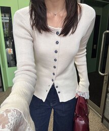 のびのびリブニット袖レースカーディガン