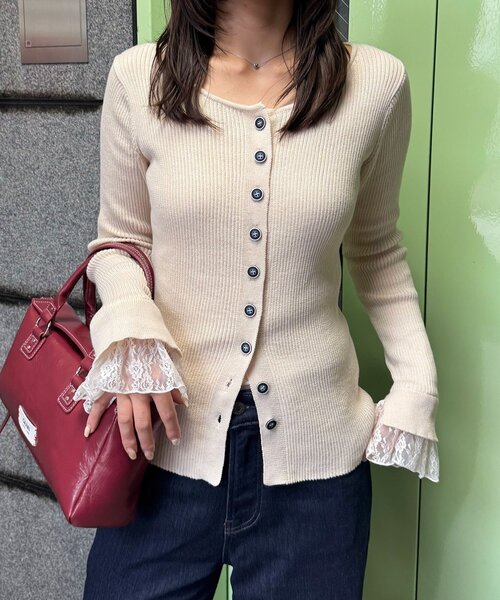 CIAOPANIC(チャオパニック)の「のびのびリブニット袖レースカーディガン(カーディガン/ボレロ・レディース・ブラウン/グレー/ミント/アイボリー・ONE SIZE)」の5枚目の写真