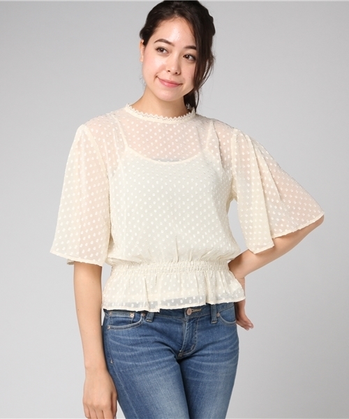 merlot plus（メルロープリュス）の「ドット柄シアーウエストギャザードルマンブラウス7026（シャツ/ブラウス・レディース・レッド/ブラウン/アイボリー/ブラック・FREE）」の13枚目の写真