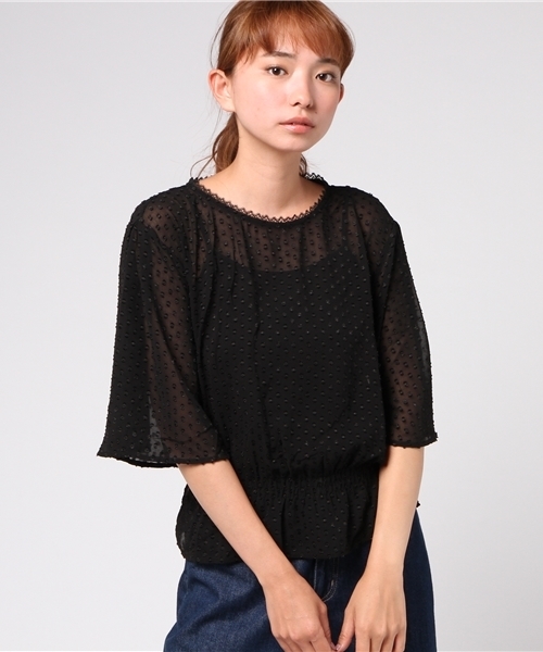 merlot plus（メルロープリュス）の「ドット柄シアーウエストギャザードルマンブラウス7026（シャツ/ブラウス・レディース・レッド/ブラウン/アイボリー/ブラック・FREE）」の14枚目の写真