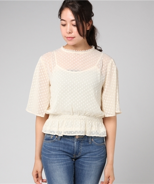 merlot plus（メルロープリュス）の「ドット柄シアーウエストギャザードルマンブラウス7026（シャツ/ブラウス・レディース・レッド/ブラウン/アイボリー/ブラック・FREE）」の5枚目の写真