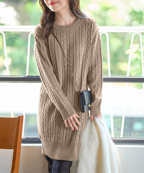 タートルネックorクルーネック]選べる2丈総ケーブル編み×裾リブニット