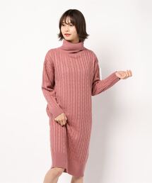 [タートルネックorクルーネック]選べる2丈総ケーブル編み×裾リブニットワンピース