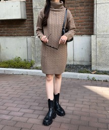 [タートルネックorクルーネック]選べる2丈総ケーブル編み×裾リブニットワンピース