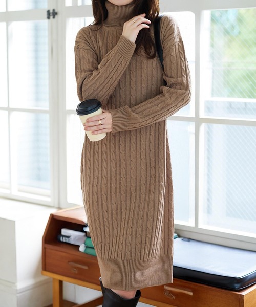 タートルネックorクルーネック]選べる2丈総ケーブル編み×裾リブニット