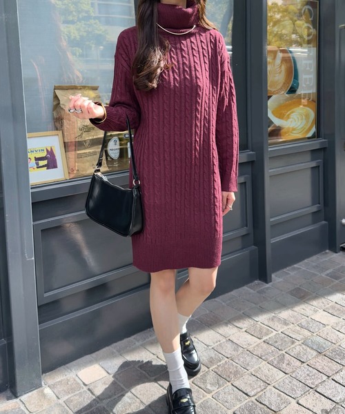 タートルネックorクルーネック]選べる2丈総ケーブル編み×裾リブニット