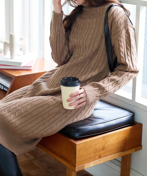 タートルネックorクルーネック]選べる2丈総ケーブル編み×裾リブニット