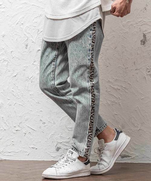 MinoriTY（マイノリティ）の「ヒョウ柄サイドラインケミカルウォッシュデニムパンツ ジーンズ レオパード（デニムパンツ・メンズ・ブルー系その他/ブルー系その他2・L/M）」の2枚目の写真