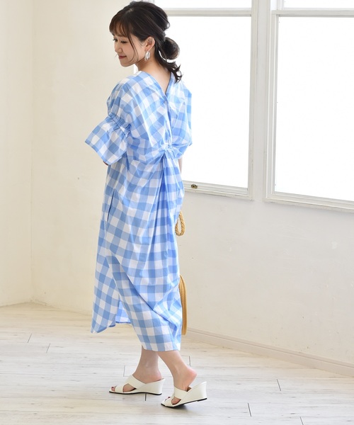 Lhelbie レルビエ の ｖネック後ろねじりブロックチェックワンピース 綿100 ワンピース Wear