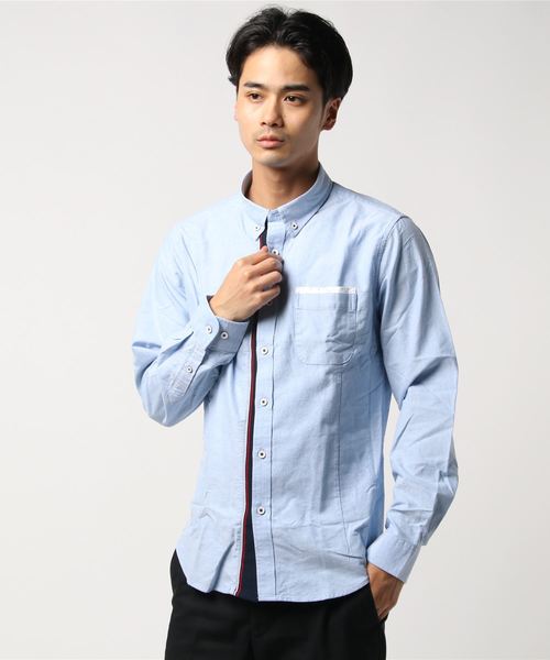 M F Editorial エムエフエディトリアル の エムエフエディトリアルメンズ M F Editorial Men オックス下前立て リブボタンダウン長袖シャツ 白 サックスブルー シャツ ブラウス Wear