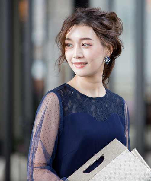 Kana(カナ)の「チュール袖 ショート丈 ワンピース 結婚式 お呼ばれ パーティードレス(ドレス・レディース・ブラック/グレー/ネイビー・M)」の6枚目の写真