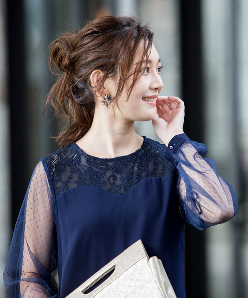 Kana(カナ)の「チュール袖 ショート丈 ワンピース 結婚式 お呼ばれ パーティードレス(ドレス・レディース・ブラック/グレー/ネイビー・M)」の7枚目の写真
