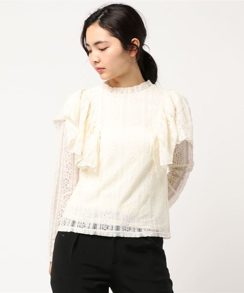 SLY(スライ)の「RUFFLE LACE STAND TOPS(Tシャツ/カットソー)」|オフホワイト
