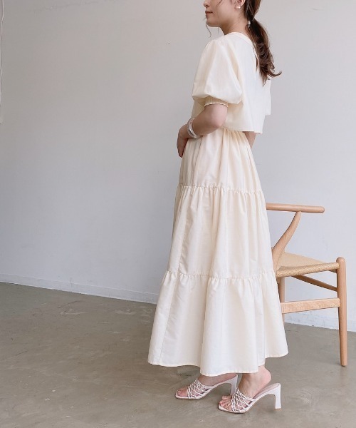 VANNIE U（ヴァニーユー）の「ハーフスリーブマルチWAYティアードワンピース｜ブラウス・キャミワンピース・ウエストリボン３点セット（ワンピース・レディース・ライトブルー/ベージュ/アイボリー・FREE）」の6枚目の写真