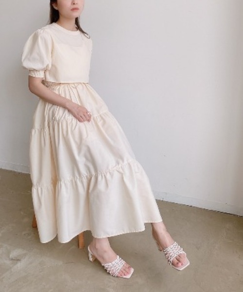 VANNIE U（ヴァニーユー）の「ハーフスリーブマルチWAYティアードワンピース｜ブラウス・キャミワンピース・ウエストリボン３点セット（ワンピース・レディース・ライトブルー/ベージュ/アイボリー・FREE）」の8枚目の写真