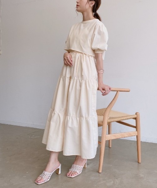 VANNIE U（ヴァニーユー）の「ハーフスリーブマルチWAYティアードワンピース｜ブラウス・キャミワンピース・ウエストリボン３点セット（ワンピース・レディース・ライトブルー/ベージュ/アイボリー・FREE）」の9枚目の写真