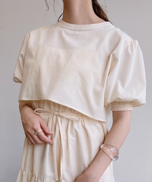 VANNIE U（ヴァニーユー）の「ハーフスリーブマルチWAYティアードワンピース｜ブラウス・キャミワンピース・ウエストリボン３点セット（ワンピース・レディース・ライトブルー/ベージュ/アイボリー・FREE）」の12枚目の写真