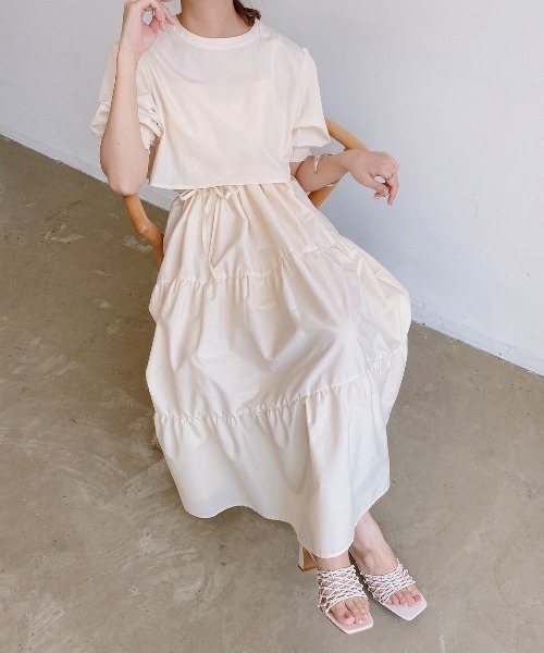 VANNIE U（ヴァニーユー）の「ハーフスリーブマルチWAYティアードワンピース｜ブラウス・キャミワンピース・ウエストリボン３点セット（ワンピース・レディース・ライトブルー/ベージュ/アイボリー・FREE）」の11枚目の写真