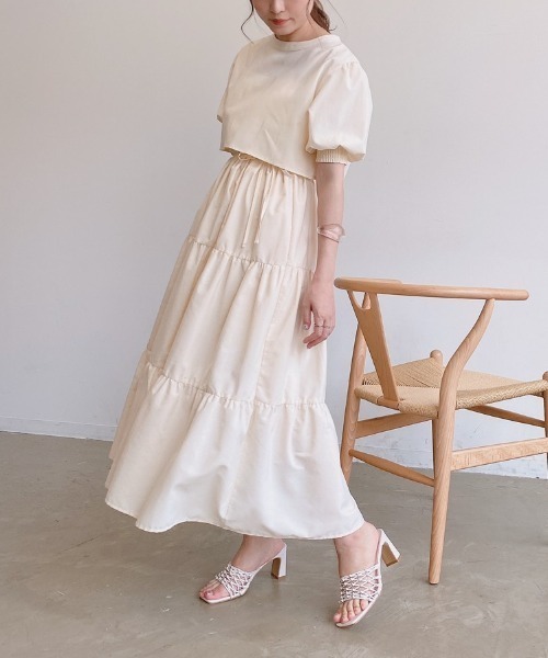 VANNIE U（ヴァニーユー）の「ハーフスリーブマルチWAYティアードワンピース｜ブラウス・キャミワンピース・ウエストリボン３点セット（ワンピース・レディース・ライトブルー/ベージュ/アイボリー・FREE）」の4枚目の写真