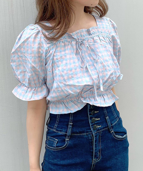 titty＆Co. PETIT（ティティアンドコープティ）の「【titty&Co.PETIT】ギンガムチェックフリルトップス（シャツ/ブラウス・レディース・グリーン/パープル/ブルー・FREE）」の3枚目の写真