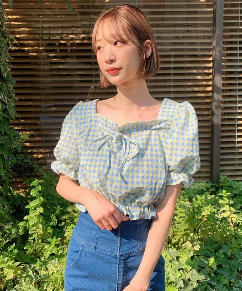 titty＆Co. PETIT（ティティアンドコープティ）の「【titty&Co.PETIT】ギンガムチェックフリルトップス（シャツ/ブラウス・レディース・グリーン/パープル/ブルー・FREE）」の4枚目の写真