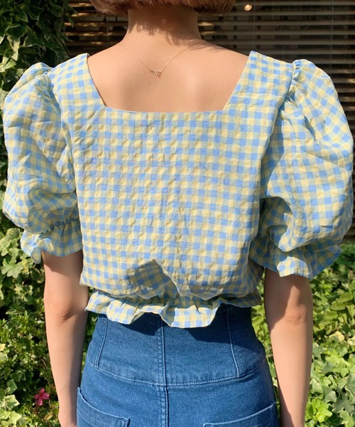 titty＆Co. PETIT（ティティアンドコープティ）の「【titty&Co.PETIT】ギンガムチェックフリルトップス（シャツ/ブラウス・レディース・グリーン/パープル/ブルー・FREE）」の5枚目の写真