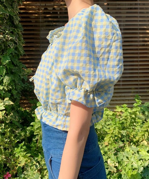 titty＆Co. PETIT（ティティアンドコープティ）の「【titty&Co.PETIT】ギンガムチェックフリルトップス（シャツ/ブラウス・レディース・グリーン/パープル/ブルー・FREE）」の6枚目の写真