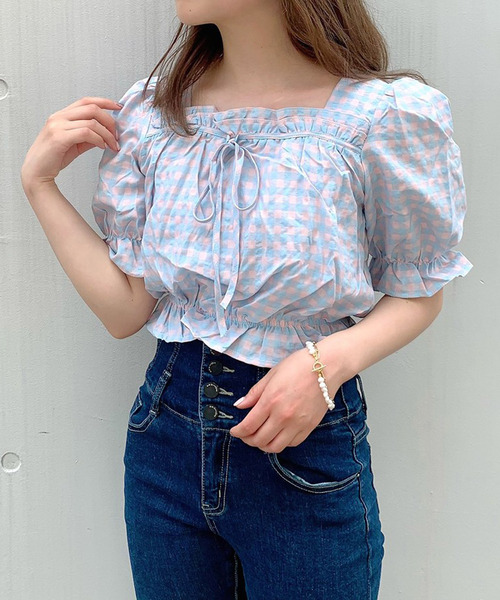 titty＆Co. PETIT（ティティアンドコープティ）の「【titty&Co.PETIT】ギンガムチェックフリルトップス（シャツ/ブラウス・レディース・グリーン/パープル/ブルー・FREE）」の8枚目の写真