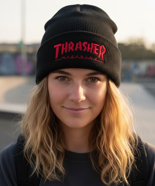 THRASHER（スラッシャー）の「THRASHER/スラッシャー ビーニー マガジンロゴ THR-N01（ニットキャップ/ビーニー・メンズ・ブラック×ホワイト/ネイビー/ベージュ/オレンジ/ブラック×レッド/ブラック×ブラック・FREE）」の3枚目の写真