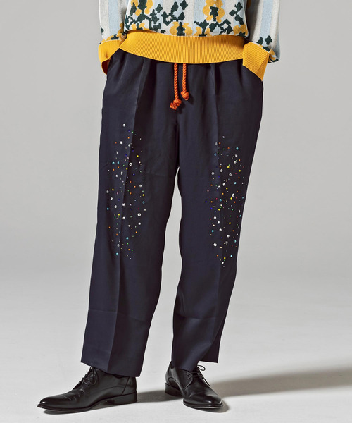 MULTI STRIPED DOBBY CHINO BELTED HIGH WAIST PANTS(XS Navy