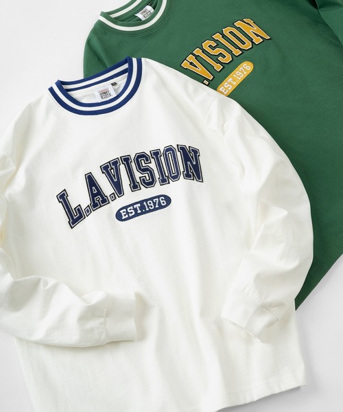 VISION STREET WEAR(ヴィジョンストリートウェア)の「【VISION STREET WEAR/ヴィジョンストリートウェア】カレッジワッペン リブラインロンT/長袖カットソー(Tシャツ/カットソー・レディース・ホワイト/チャコールグレー/グリーン/マルチ・M/L/XL)」の1枚目の写真