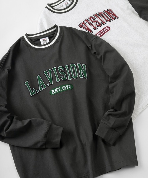 VISION STREET WEAR(ヴィジョンストリートウェア)の「【VISION STREET WEAR/ヴィジョンストリートウェア】カレッジワッペン リブラインロンT/長袖カットソー(Tシャツ/カットソー・レディース・ホワイト/チャコールグレー/グリーン/マルチ・M/L/XL)」の2枚目の写真