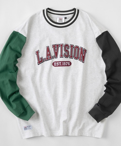 VISION STREET WEAR(ヴィジョンストリートウェア)の「【VISION STREET WEAR/ヴィジョンストリートウェア】カレッジワッペン リブラインロンT/長袖カットソー(Tシャツ/カットソー・レディース・ホワイト/チャコールグレー/グリーン/マルチ・M/L/XL)」の8枚目の写真