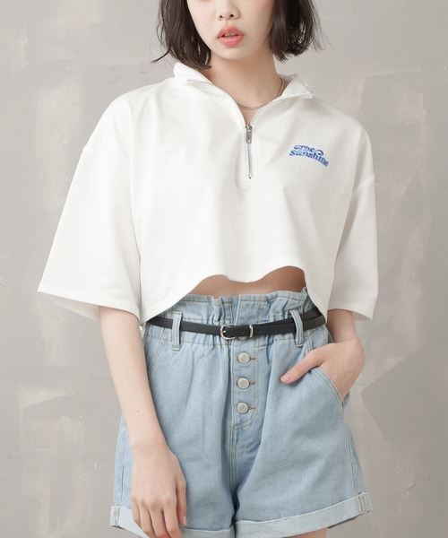 SPINNS(スピンズ)の「ハーフジップショート丈5分袖カットソー(Tシャツ/カットソー・レディース・ホワイト/サックスブルー/ピンク/グリーン/オートミール・ONESIZE)」の6枚目の写真