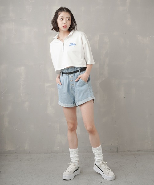 SPINNS(スピンズ)の「ハーフジップショート丈5分袖カットソー(Tシャツ/カットソー・レディース・ホワイト/サックスブルー/ピンク/グリーン/オートミール・ONESIZE)」の8枚目の写真