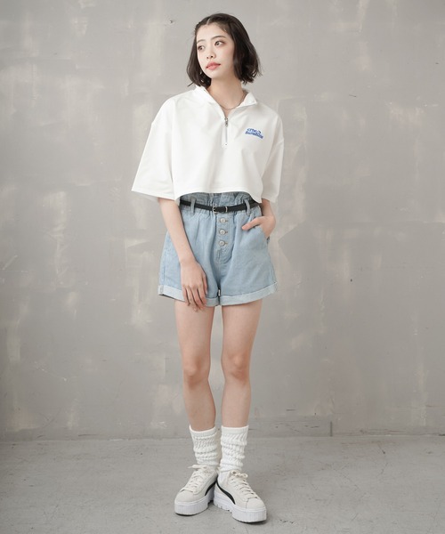 SPINNS(スピンズ)の「ハーフジップショート丈5分袖カットソー(Tシャツ/カットソー・レディース・ホワイト/サックスブルー/ピンク/グリーン/オートミール・ONESIZE)」の10枚目の写真