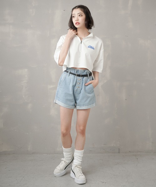 SPINNS(スピンズ)の「ハーフジップショート丈5分袖カットソー(Tシャツ/カットソー・レディース・ホワイト/サックスブルー/ピンク/グリーン/オートミール・ONESIZE)」の15枚目の写真