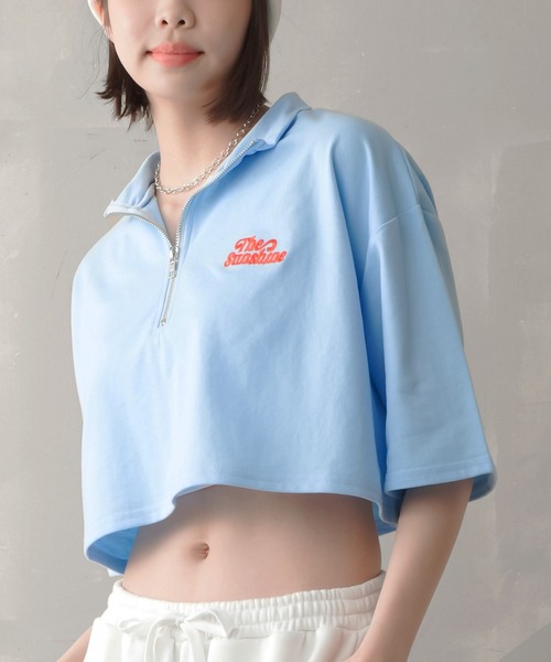 SPINNS(スピンズ)の「ハーフジップショート丈5分袖カットソー(Tシャツ/カットソー・レディース・ホワイト/サックスブルー/ピンク/グリーン/オートミール・ONESIZE)」の20枚目の写真