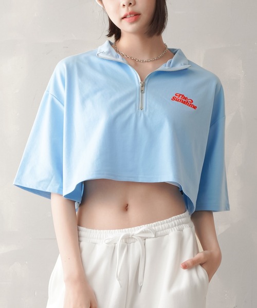SPINNS(スピンズ)の「ハーフジップショート丈5分袖カットソー(Tシャツ/カットソー・レディース・ホワイト/サックスブルー/ピンク/グリーン/オートミール・ONESIZE)」の21枚目の写真