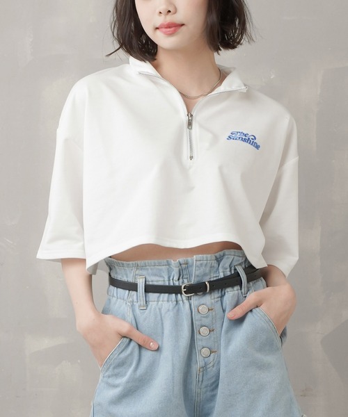 SPINNS(スピンズ)の「ハーフジップショート丈5分袖カットソー(Tシャツ/カットソー・レディース・ホワイト/サックスブルー/ピンク/グリーン/オートミール・ONESIZE)」の18枚目の写真