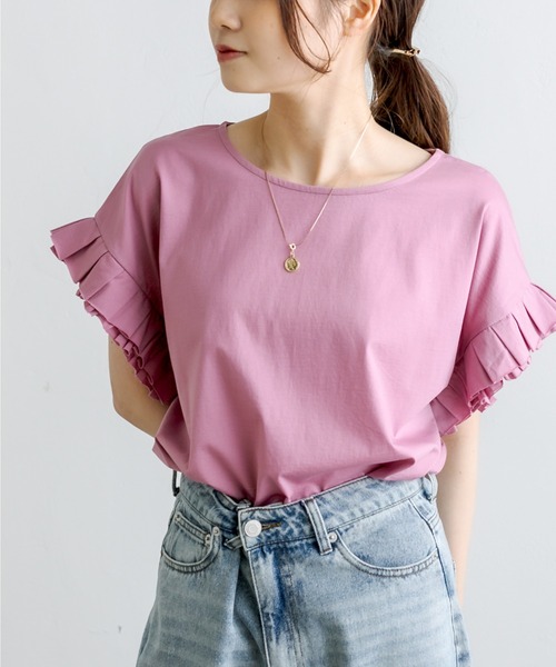 PUAL CE CIN（ピュアルセシン）の「シルケット袖フリルTシャツ（Tシャツ/カットソー・レディース・ブラック/ピンク/ブルー/グリーン・FREE）」の4枚目の写真