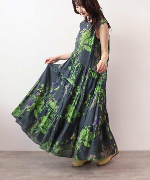 ボタニカルプリント斜めティアードマキシワンピース Time 夏服 ワンピース ワンピース Three Four Three Time スリー