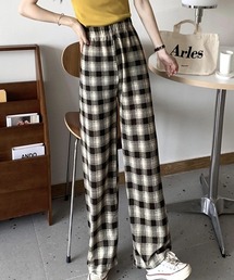 レディース チェック柄ウエストゴムワイドパンツ