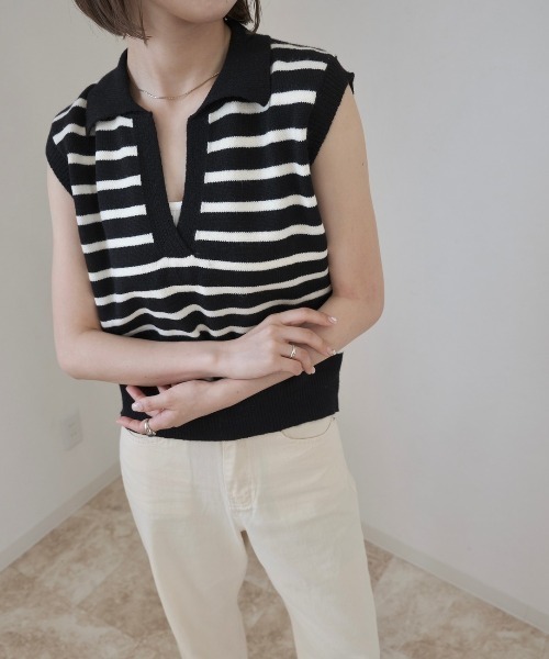 Reurie'（レウリィ）の「ボーダーニットベスト / ノースリーブ ポロニット ポロ衿 サマーニット アイボリー ブラック（ベスト・レディース・ホワイト×ブラック/ブラック×ホワイト・FREE）」の8枚目の写真