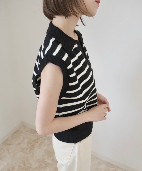 Reurie'（レウリィ）の「ボーダーニットベスト / ノースリーブ ポロニット ポロ衿 サマーニット アイボリー ブラック（ベスト・レディース・ホワイト×ブラック/ブラック×ホワイト・FREE）」の5枚目の写真