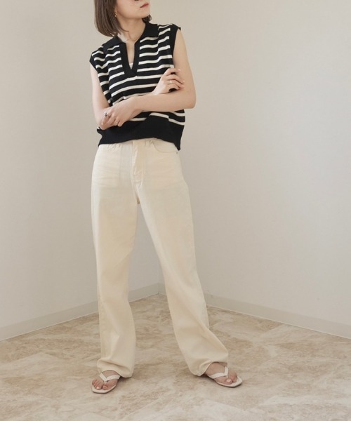 Reurie'（レウリィ）の「ボーダーニットベスト / ノースリーブ ポロニット ポロ衿 サマーニット アイボリー ブラック（ベスト・レディース・ホワイト×ブラック/ブラック×ホワイト・FREE）」の10枚目の写真