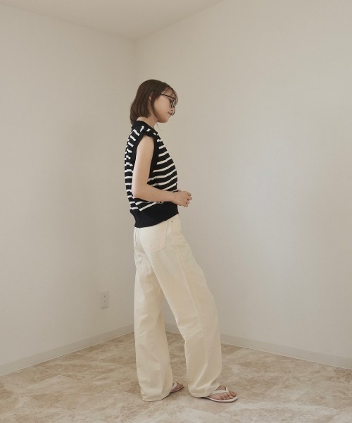 Reurie'（レウリィ）の「ボーダーニットベスト / ノースリーブ ポロニット ポロ衿 サマーニット アイボリー ブラック（ベスト・レディース・ホワイト×ブラック/ブラック×ホワイト・FREE）」の19枚目の写真